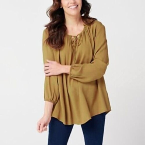 LOGO Lori Goldstein Woven Crepe Collared Blouse XS S Shirred Neck Golden Green - Picture 1 of 11